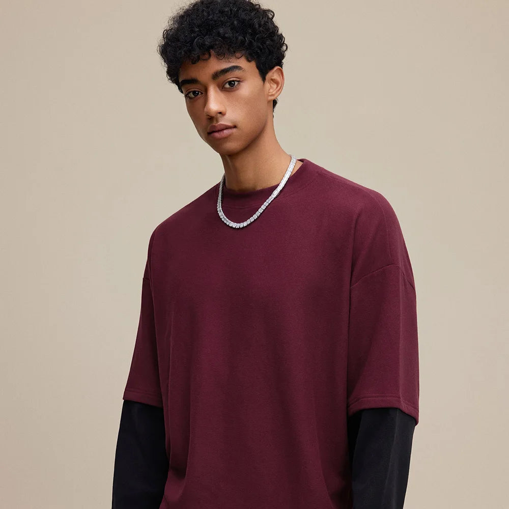 2025 Autumn Man Fake 2 Pieces 320gsm Sweatshirt Unisex Oversized Contrast Color Long Sleeve T Shirts Y2K Clothing