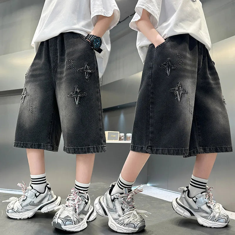 Hot Kids Stylish Summer Star Embroidered Denim Shorts for Tween Boys Luxury Design Jeans Shorts Child Five Shorts Casual Pants