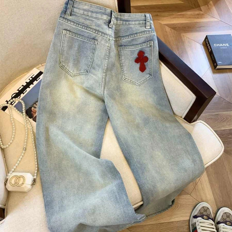 New Lady's Jeans Embroidered Pattern Women's Jeans Spring And Summer Edition Washed High Waist Wide Leg Straight Leg Floor Pants
