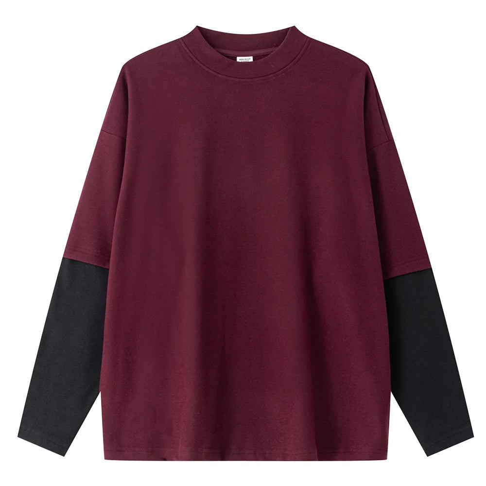 2025 Autumn Man Fake 2 Pieces 320gsm Sweatshirt Unisex Oversized Contrast Color Long Sleeve T Shirts Y2K Clothing