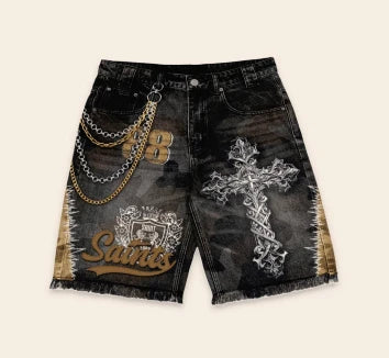 American popular retro cross niche letter print loose denim old shorts men's street fashion gothic casual new sweatshirt suit