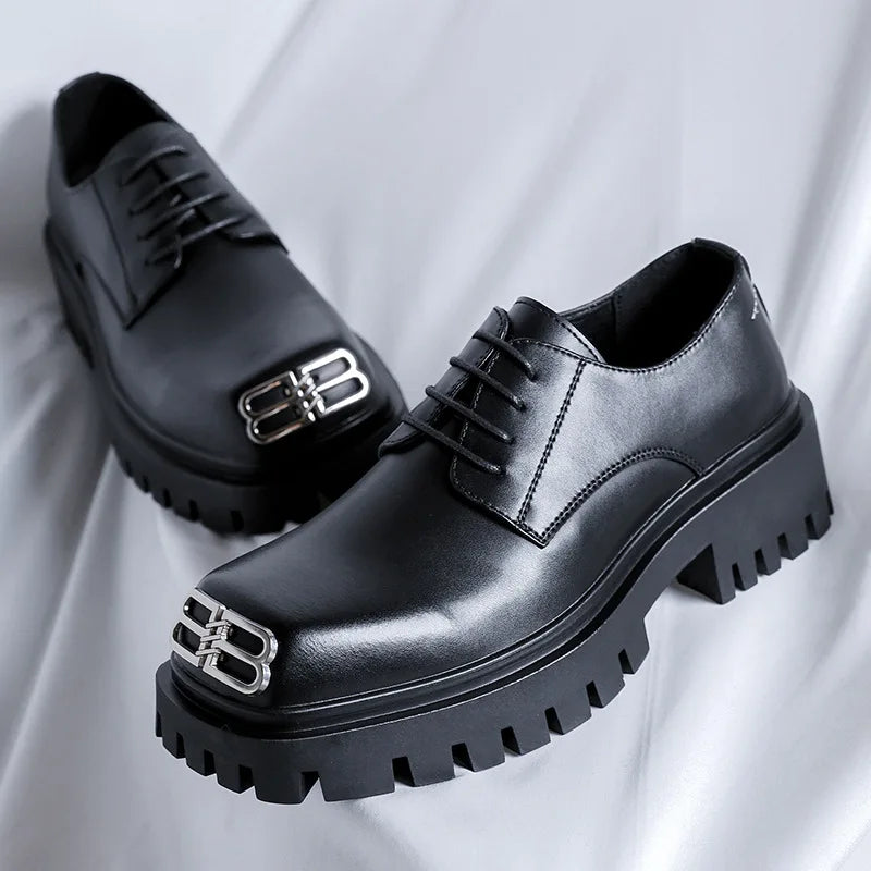 Fashion Mens Casual Leather Derby Shoes Men's Square Toe Trendy Designer Shoe Men Lace-up Thick Sole Heightened Shoes