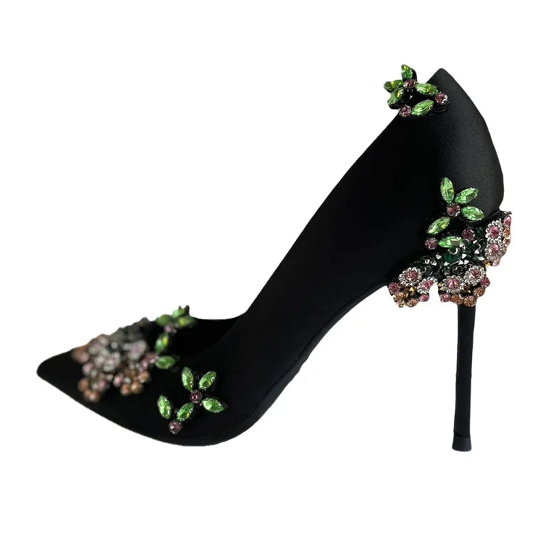 Black Satin Colorful Designer Flower Rhinestone Pointed Toe High-Heeled Women's Pumps Solid Rubber AntiSlip Lady's Shoes