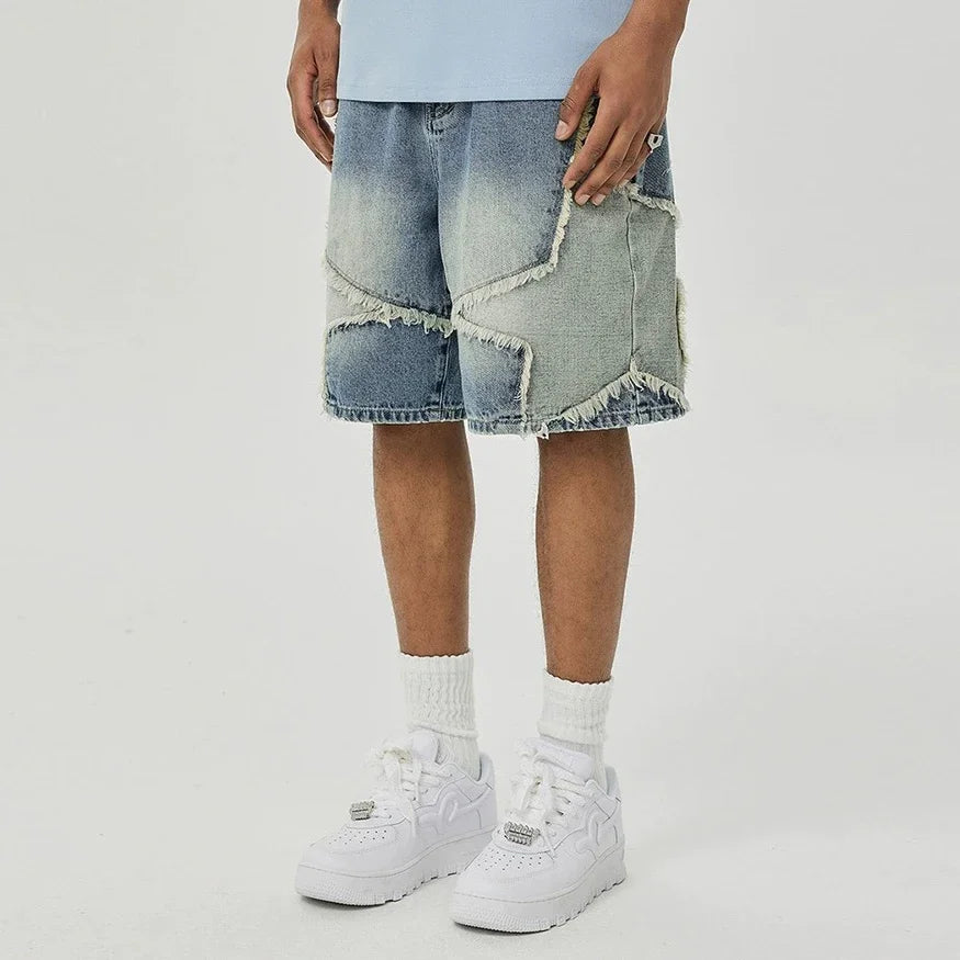 High Street Washed Stars Patchwork Baggy Jeans Shorts for Men Wide Leg Straight Casual Denim Five Point Pants Oversized