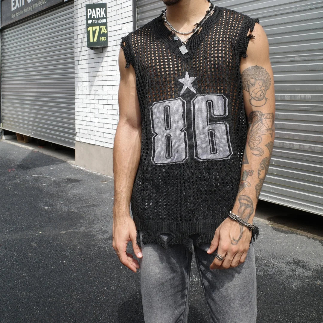 Slavinson Men's Vest Summer Fashion Knitted Letter Pattern Mesh Sleeveless Vest Casual Breathable Knit Soft Vest Top Men US Size