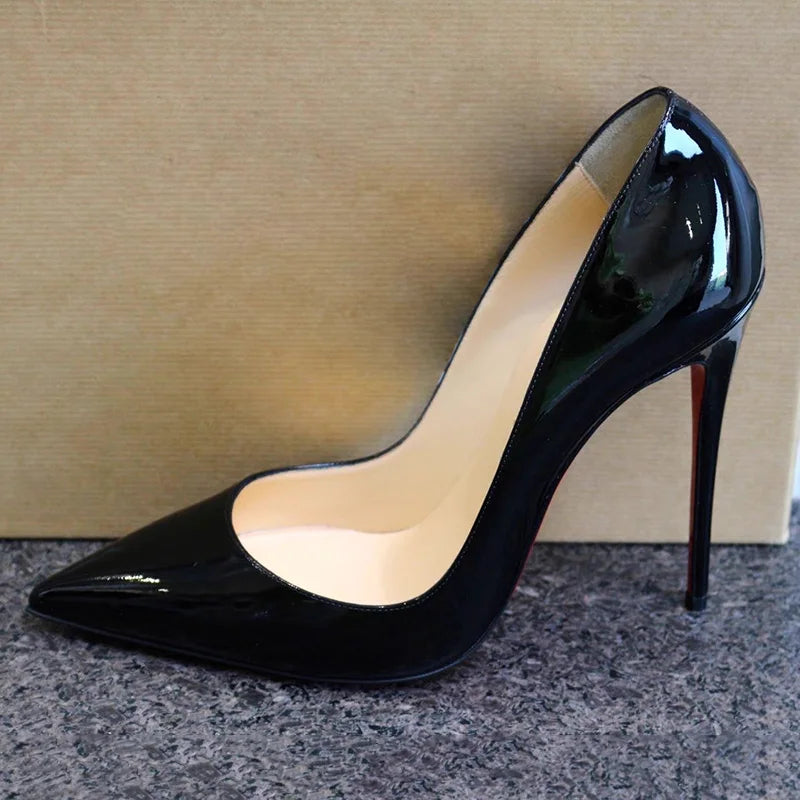 Veowalk Women Glossy Black Patent 12cm Pointy Toe Shallow Stiletto Pumps Classic Elegant OL Ladies Slip on High Heel Dress Shoes