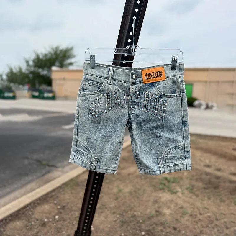 Summer Fashion Diamond Studded Light Blue High Waist Slimming Denim Shorts Y2K Hip Hop Gothic Women Casual Trend Streetwear New