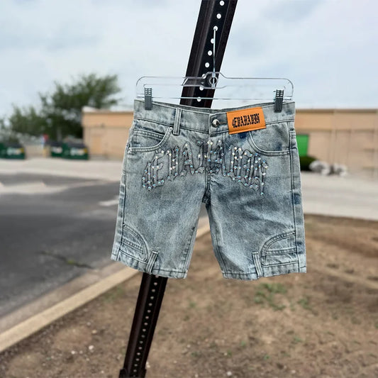 Summer Fashion Diamond Studded Light Blue High Waist Slimming Denim Shorts Y2K Hip Hop Gothic Women Casual Trend Streetwear New