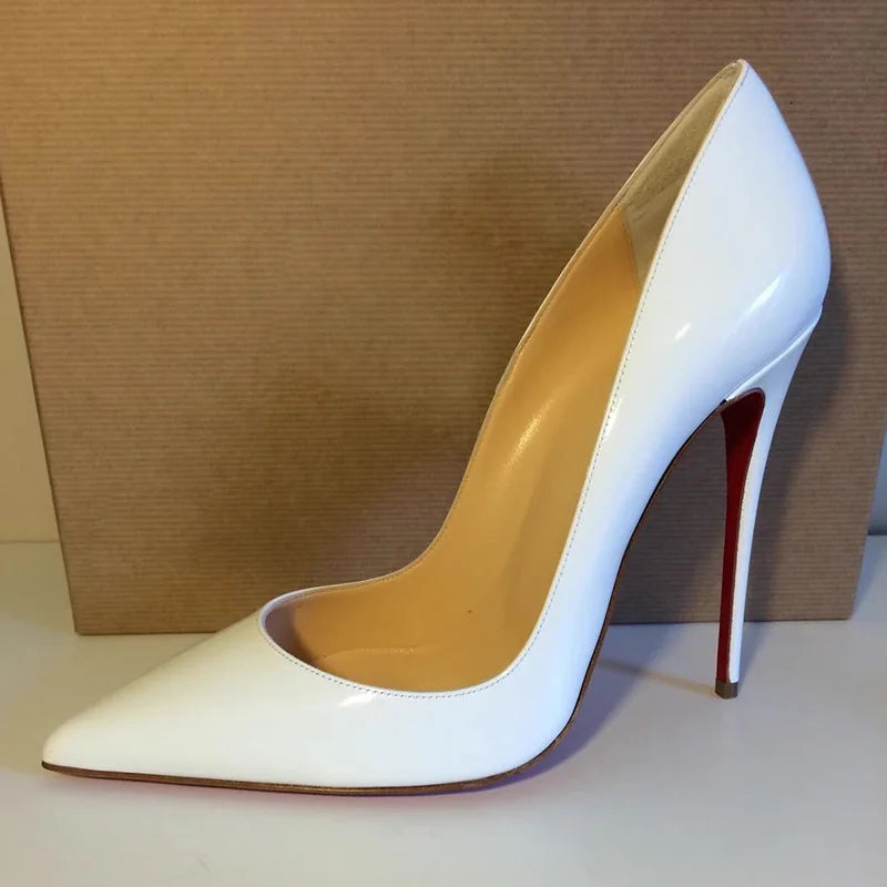 Veowalk Women Glossy Black Patent 12cm Pointy Toe Shallow Stiletto Pumps Classic Elegant OL Ladies Slip on High Heel Dress Shoes