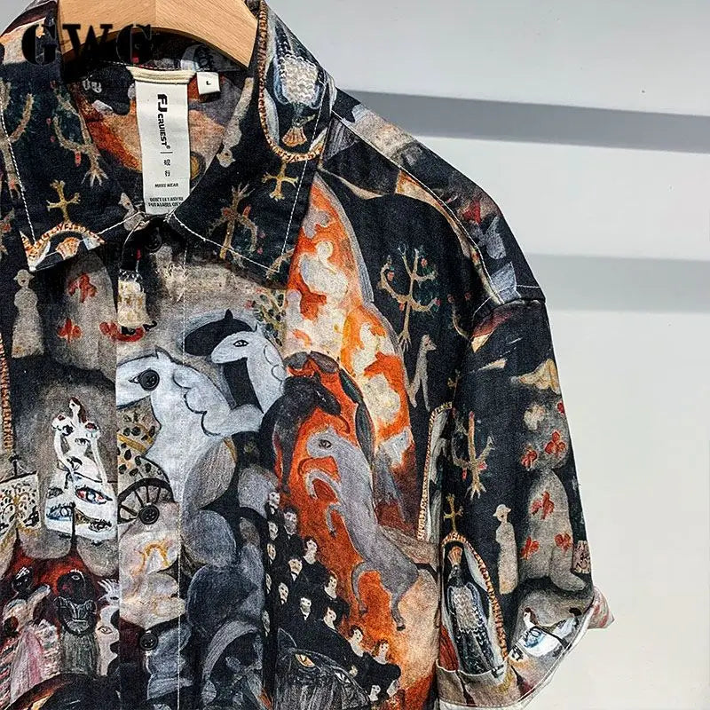 Printed Men Short Sleeved Linen Top Japanese Retro Summer Open Top Shirt