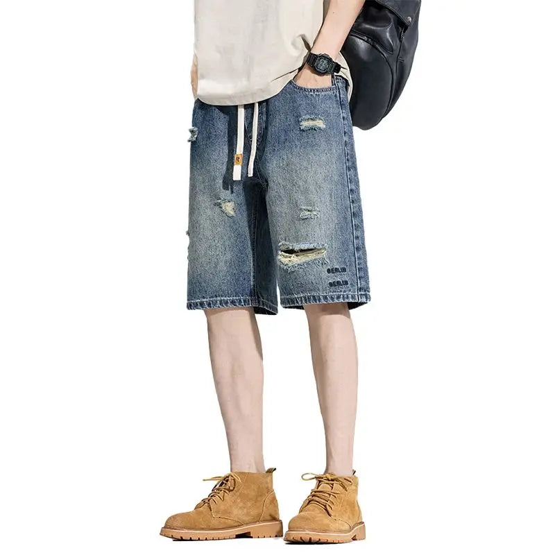 Casual Cargo Denim Shorts Men Elastic Waist Straight Comfortable Light Color Soft Short Pants Baggy Wide Bermuda Male Y2k Jeans