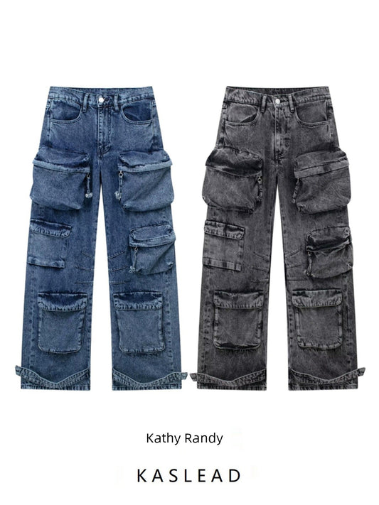 Kaslead Fashion Pocket Overalls Denim