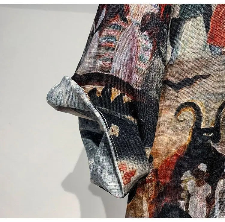 Printed Men Short Sleeved Linen Top Japanese Retro Summer Open Top Shirt