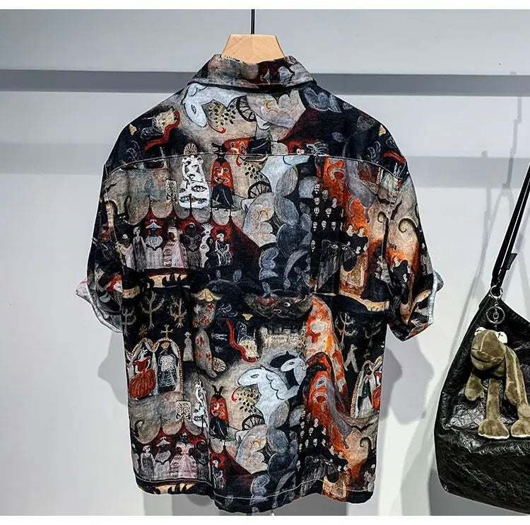 Printed Men Short Sleeved Linen Top Japanese Retro Summer Open Top Shirt