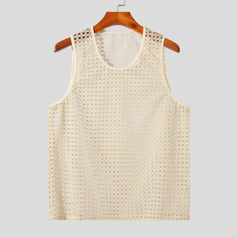 Summer Hollow Out Fitness Sports Sleeveless T-Shirt Muscle Men's Mesh See Through Sexy Knitted Vest