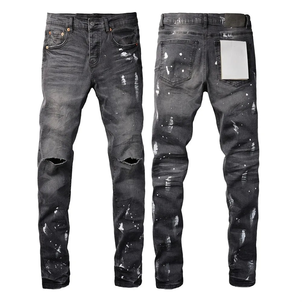 New Jeans Men Fashion Trend Daily Casual Black Paint Hole Straight Leg Pants Hip Hop Elastic Skinny Ripped jeans Brand pants