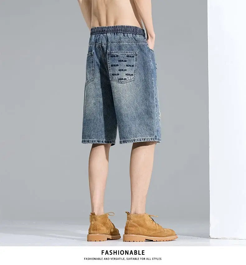 Casual Cargo Denim Shorts Men Elastic Waist Straight Comfortable Light Color Soft Short Pants Baggy Wide Bermuda Male Y2k Jeans