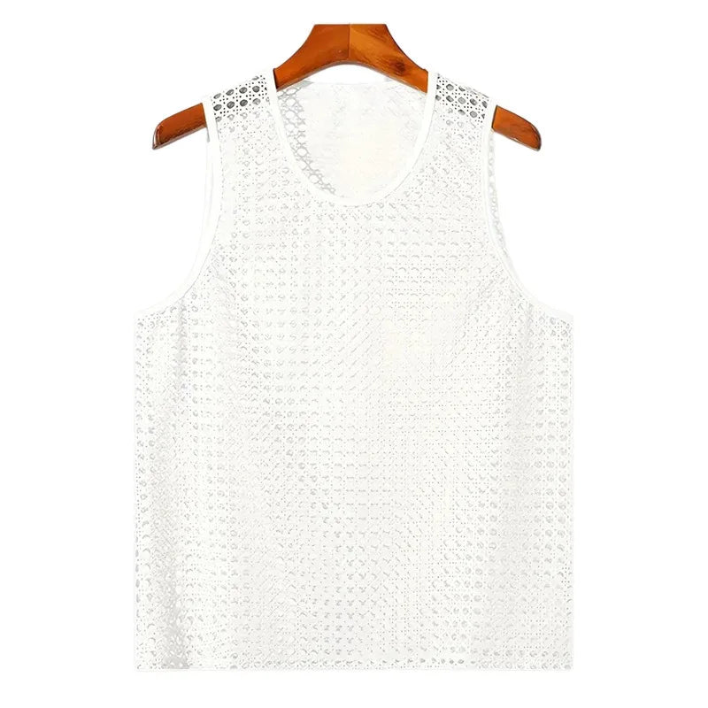 Summer Hollow Out Fitness Sports Sleeveless T-Shirt Muscle Men's Mesh See Through Sexy Knitted Vest