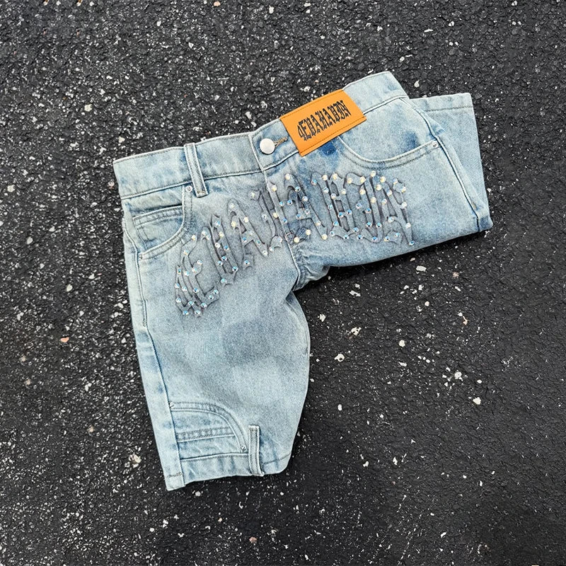 Summer Fashion Diamond Studded Light Blue High Waist Slimming Denim Shorts Y2K Hip Hop Gothic Women Casual Trend Streetwear New