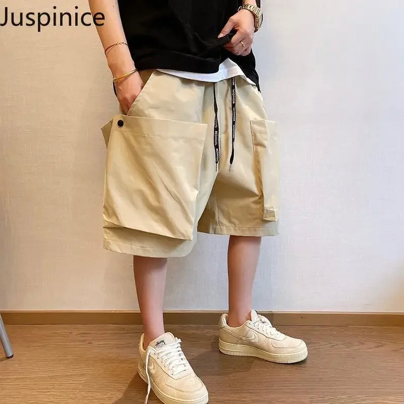Summer Solid Pockets Large Size Shorts Men's High Street Loose Casual Workwear Five-quarter Pants Men Bottom Male Sportswear