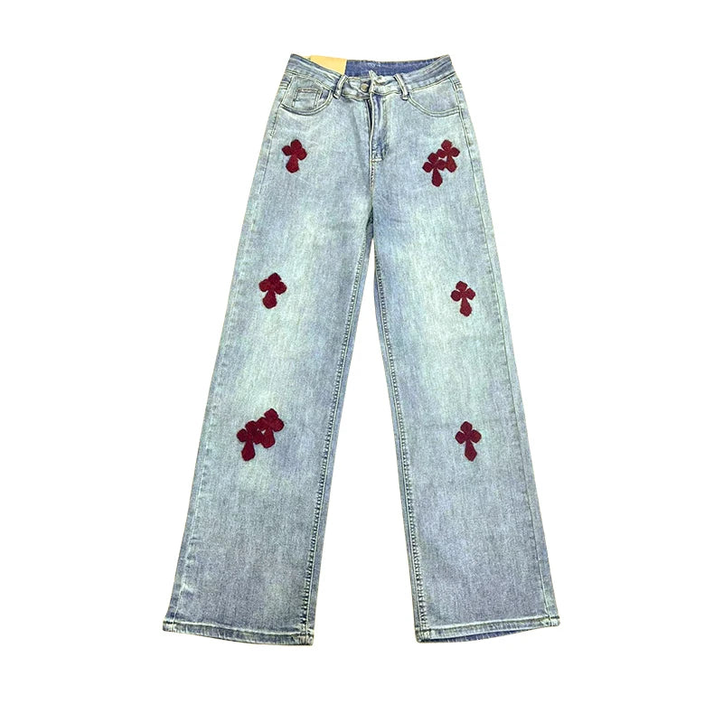 New Lady's Jeans Embroidered Pattern Women's Jeans Spring And Summer Edition Washed High Waist Wide Leg Straight Leg Floor Pants