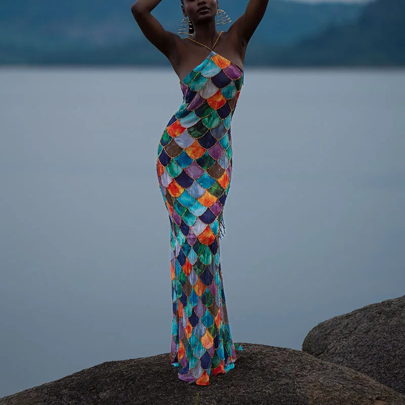 Fashion Scale Print Halter Long Dress Women Sleeveless Backless Sexy Hip Package Maxi Dresses 2025 Summer Autumn New Lady Robes