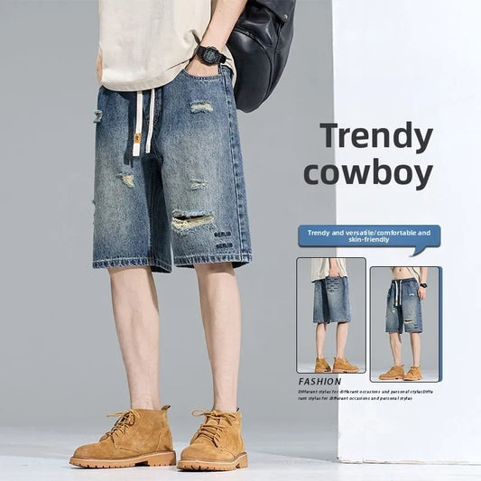 Casual Cargo Denim Shorts Men Elastic Waist Straight Comfortable Light Color Soft Short Pants Baggy Wide Bermuda Male Y2k Jeans