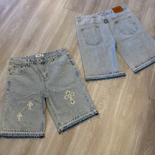 Streetwear Vintage Blue Denim Shorts Y2K Jeans Mens Womens Hip Hop Cross Rhinestone Sequin Baggy Shorts Low Waist Casual Shorts