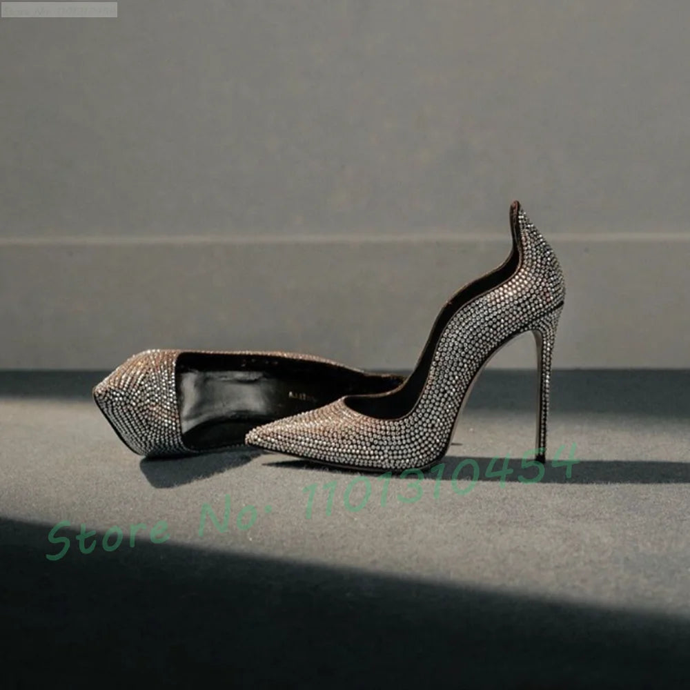Crystal Glitter Curved Pointy Pumps Women 2025 Sparkly Stiletto High Heels Party Shoes Luxury Shiny Leather Ladies Wedding Pumps