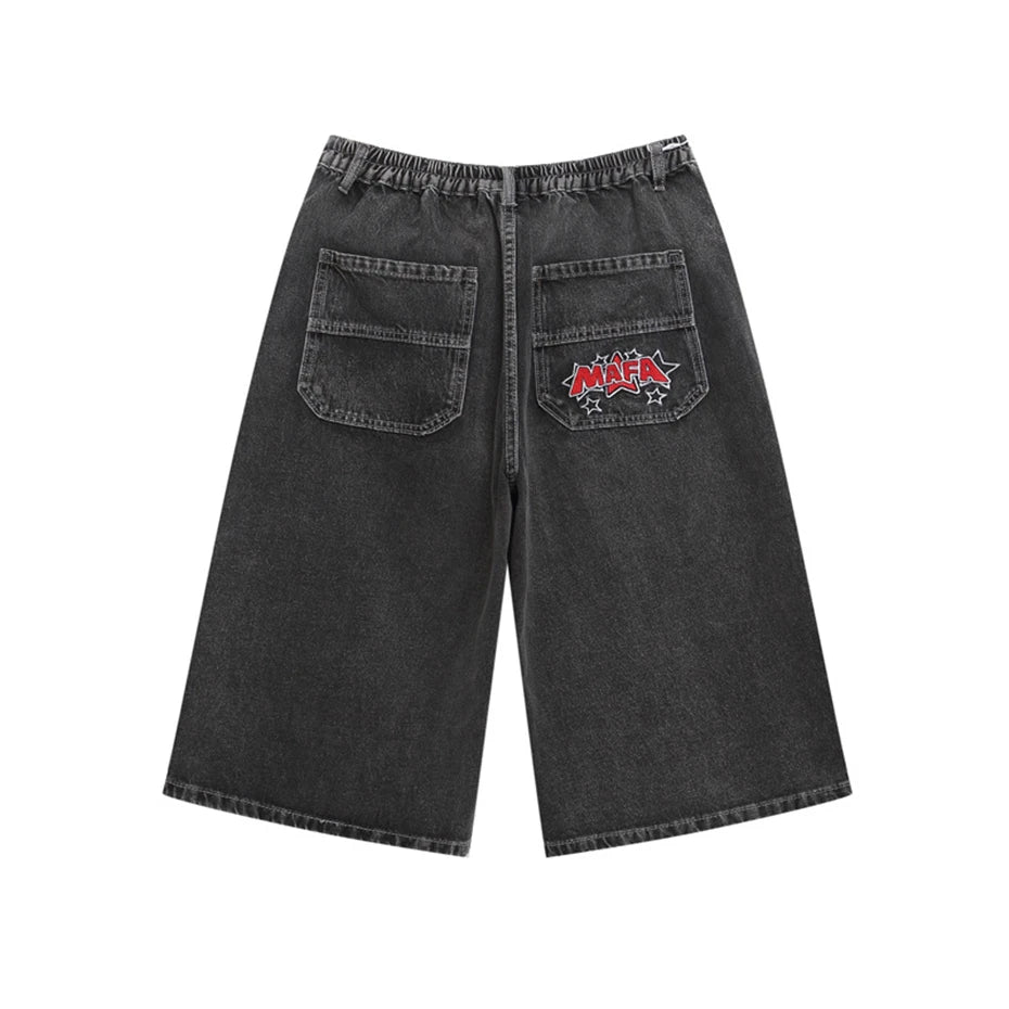 Vintage Stars Print Denim Shorts Mens Streetwear Hip Hop Punk Jeans Short Men Harajuku Baggy Cowboy Calf Length Pants Male
