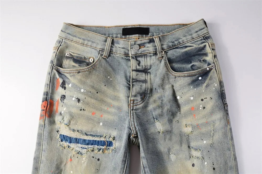 New jeans Men Fashion  Americans High Street Retro Wash Distressed Graffiti Ripped Hole Patch Stretch Skinny Jeans Brand pants