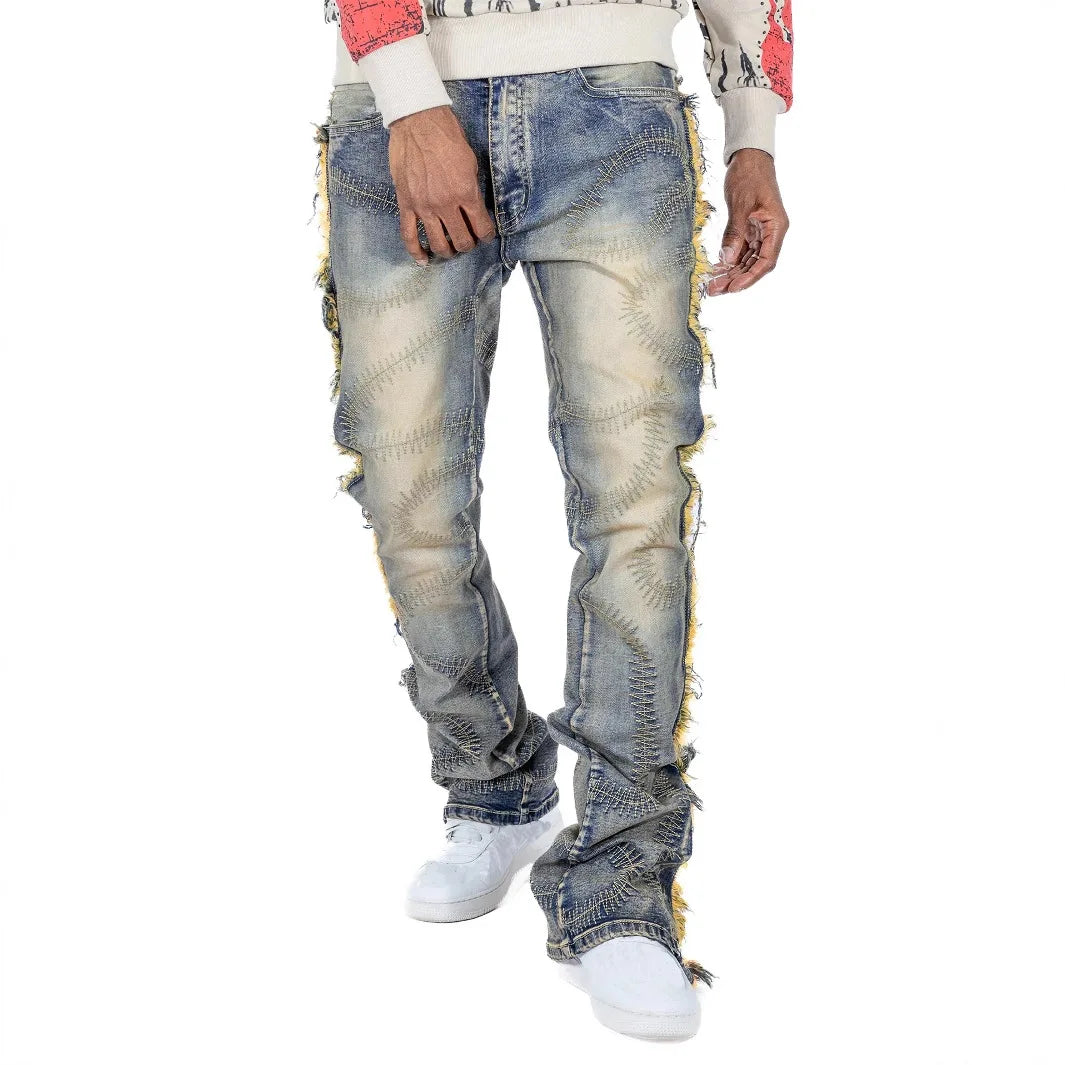 Flare Denim Pants Jeans Men Jean Boot Cut Skinny Solid Spliced Distressed Ankle Length Pant Zipper Fly Flat Washed Vintage