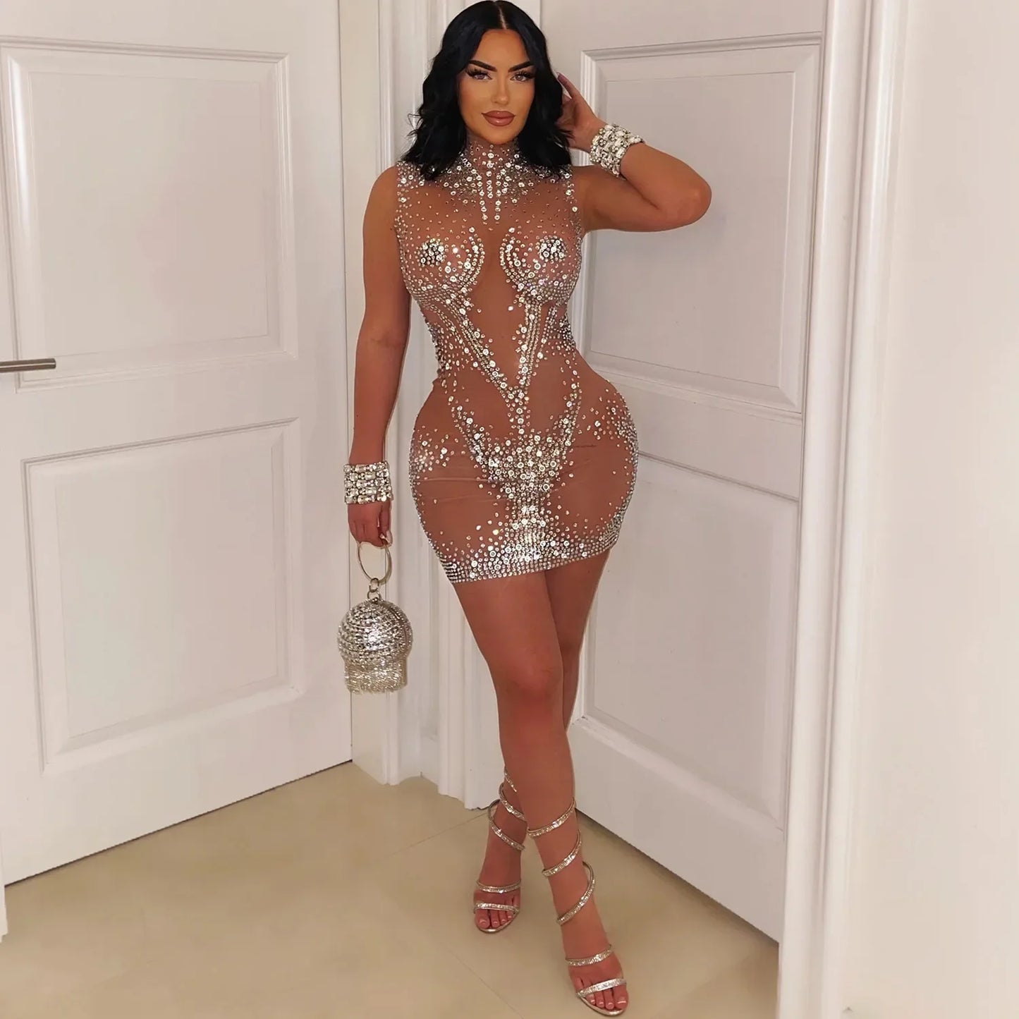 Z2255 Cross-Border Summer New Women's Clothing Sexy Mesh Rhinestone Sleeveless Dress Mini Dress Bodycon Skirt Women's