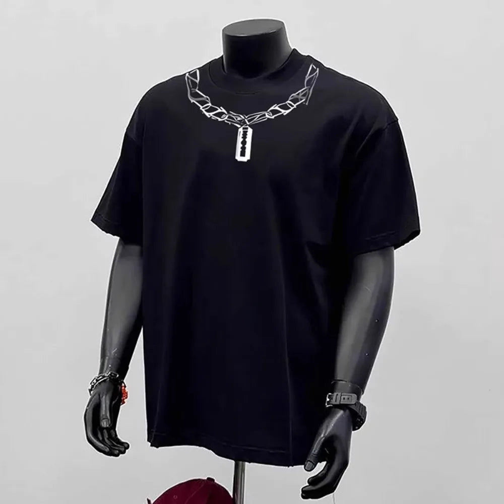 Heavy Duty Tees Tops Pure Cotton Minimalist T-shirt Feather Print Men's Summer Round Neck Loose Casual Short Sleeved T-shirt