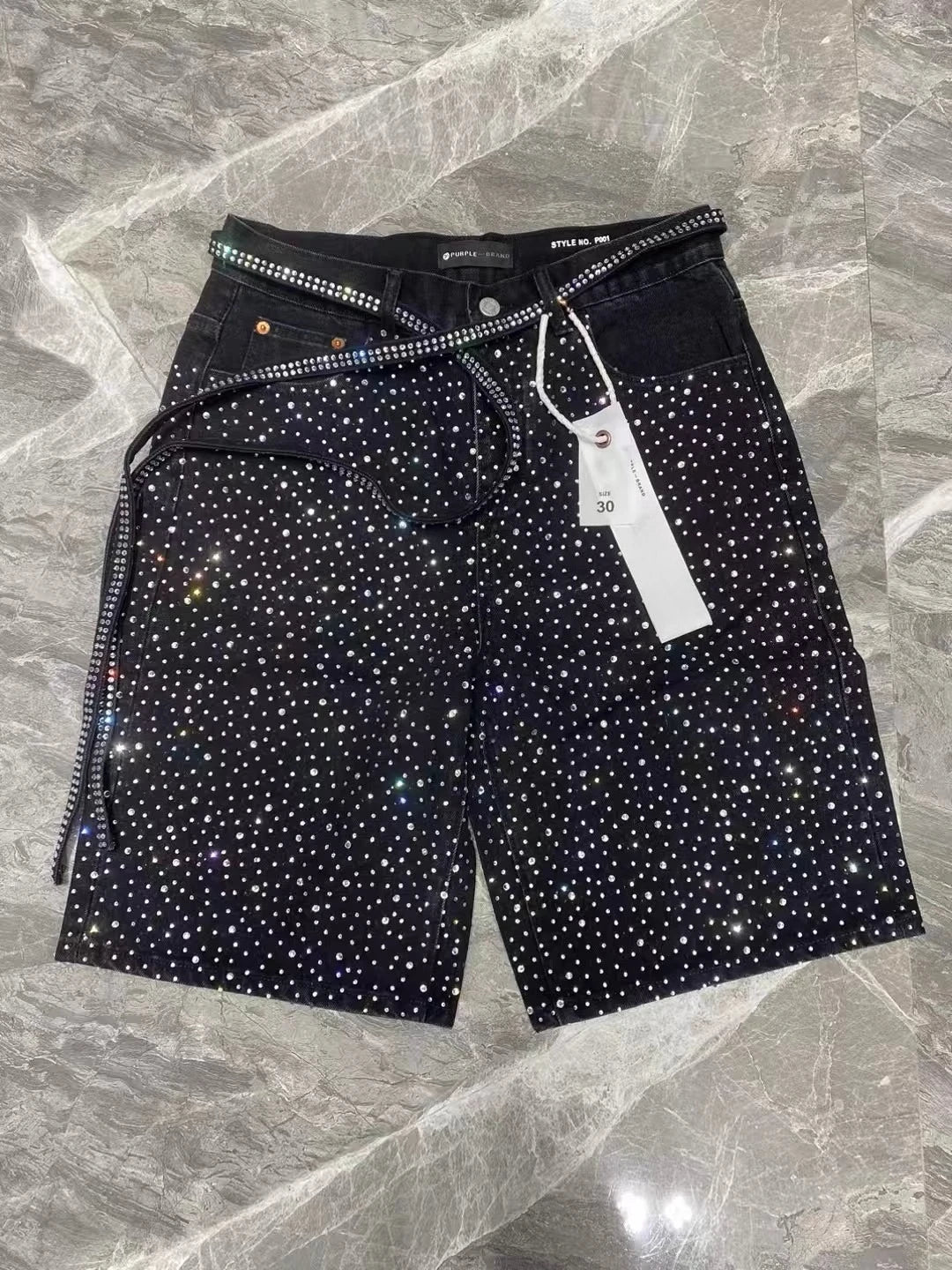 American Retro Sequined Rhinestone Denim Shorts Y2K Jeans Mens Pocket Embroidery Ribbon Washed Baggy Shorts Over The Knee Pants