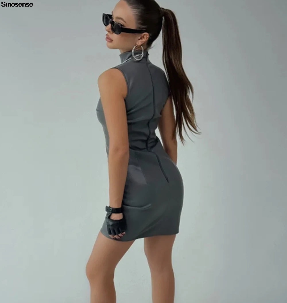 Women Faux Leather Bodycon Dress Sexy Sleeveless Mock Neck Slim Pu Leather Mini Dress Y2K Going Out Night Club Party Dress