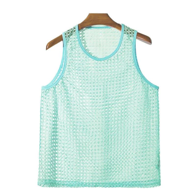 Summer Hollow Out Fitness Sports Sleeveless T-Shirt Muscle Men's Mesh See Through Sexy Knitted Vest