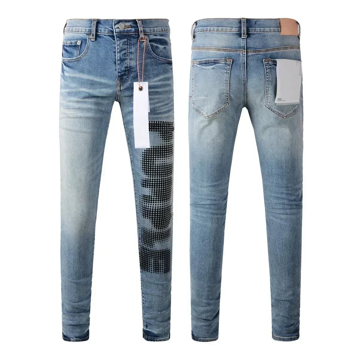 High Street Style Men's Skinny Jeans USA Quality Low Rise Blue Print Letters Fashion Repair Denim Pants Size 28-40