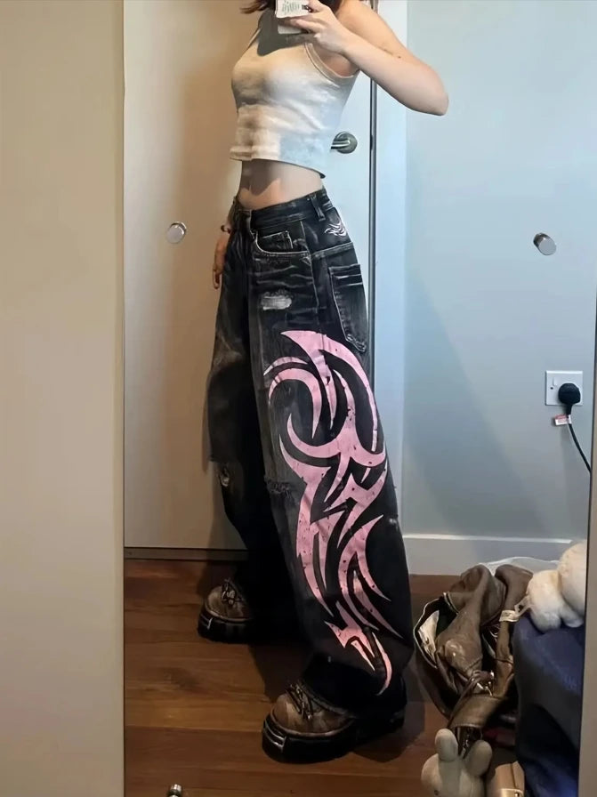 2025 new Jeans Y2K Mens Womens Retro Hip Hop Distressed Embroidered Baggy Jeans Black Pants Rock High Waist Wide Leg Trousers