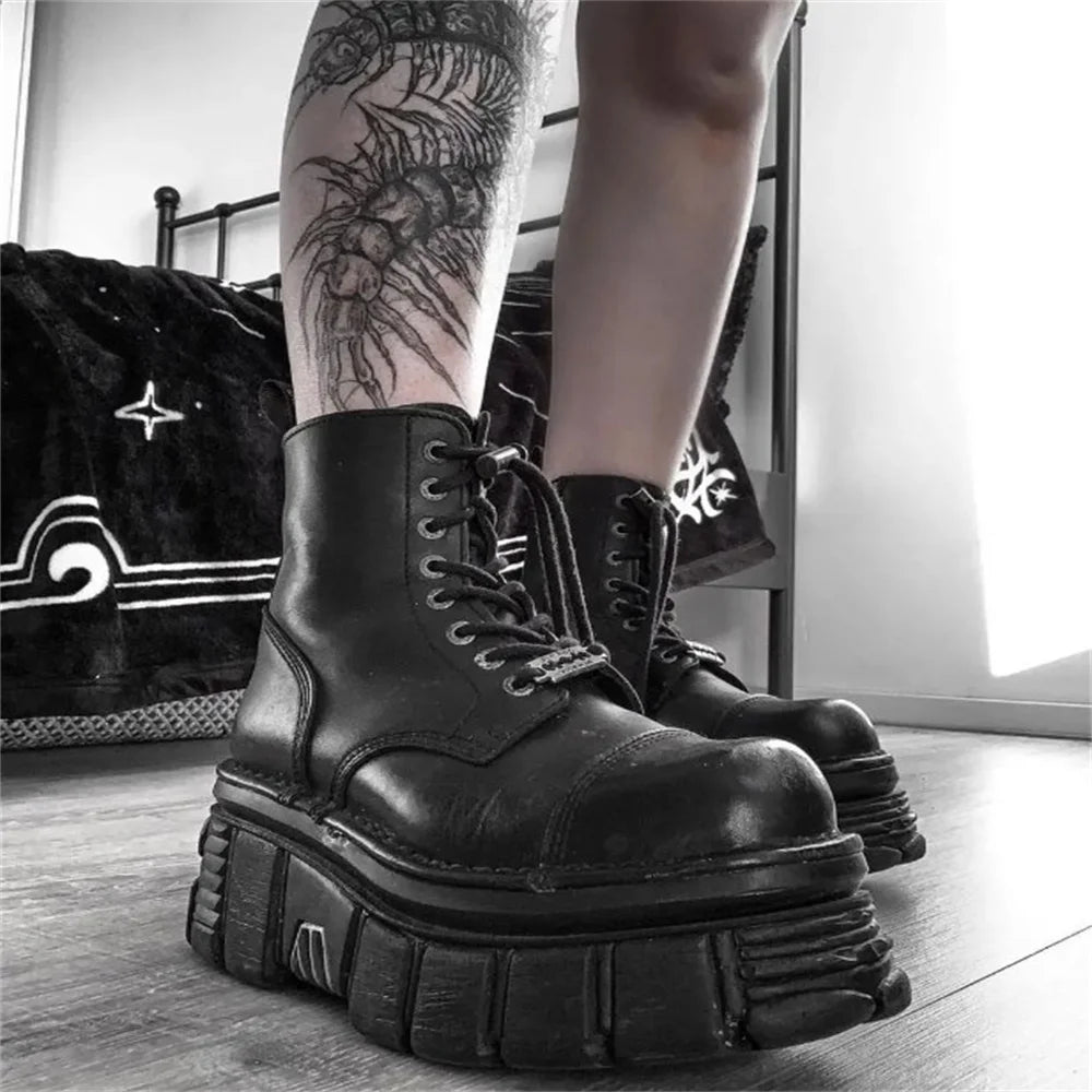 Brand New Rock Motorcycle Ankle Boots Gothic Street Chunky Heels Platform Short Boots Ladies Matal Autumn/Winter Shoes For Woman