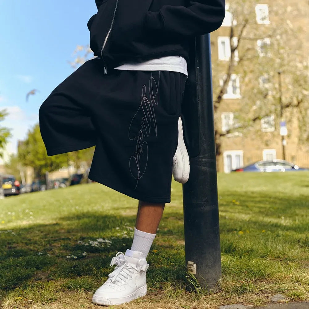 Men's American Retro Hip Hop Embroidered Pentagram Shorts Summer Casual Loose Fit Mid-Trendy Pants