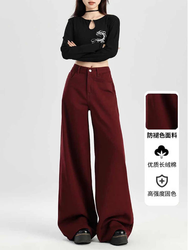 Women's Red Baggy Jeans Harajuku Denim Trousers Japanese 2000s Style Y2k Vintage Oversize High Waist Jean Pants Trashy Clothes