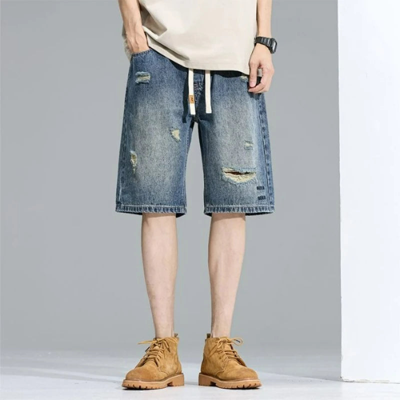 Casual Cargo Denim Shorts Men Elastic Waist Straight Comfortable Light Color Soft Short Pants Baggy Wide Bermuda Male Y2k Jeans