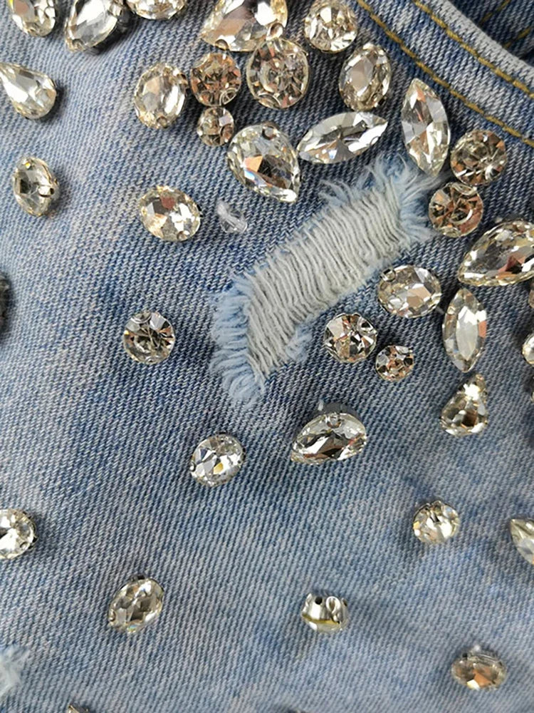 Women's Short Jeans High Waist Distressed Diamonds Tassel Loose Wide Leg Luxury Denim Shorts 2025 Spring Fashion Y2k Skirts