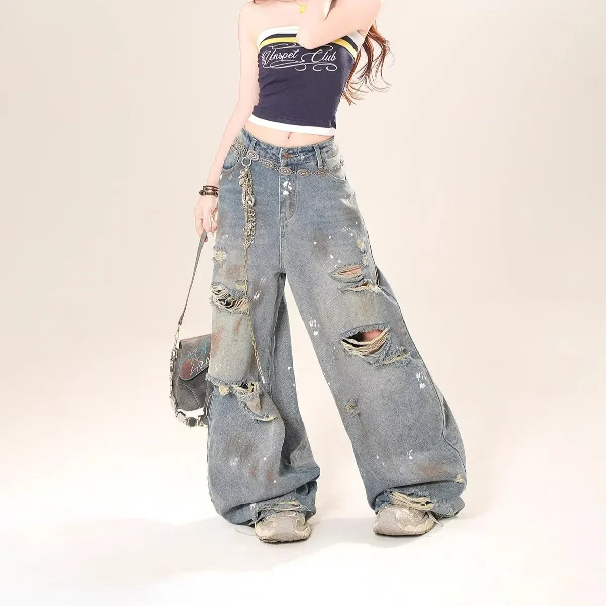 Washed Vintage Hole Denim Jeans Loose Straight High Waist Women's Spring Autumn New Style Street Fashion Long Trousers