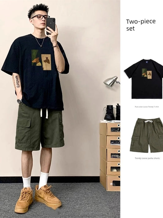 Print round Neck Pure Cotton T-shirt Men's Suit Summer Menswear a Set of Matching Parka Shorts Fashion Short Sleeve T-shirt