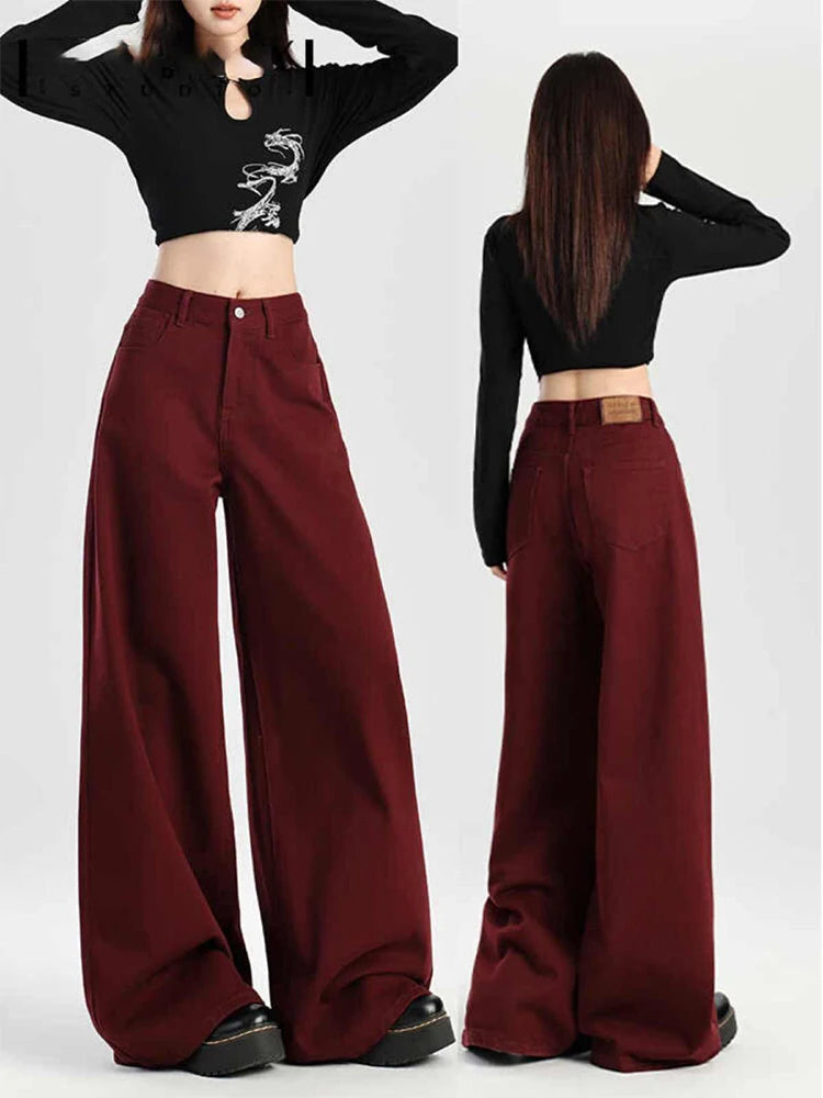 Women's Red Baggy Jeans Harajuku Denim Trousers Japanese 2000s Style Y2k Vintage Oversize High Waist Jean Pants Trashy Clothes