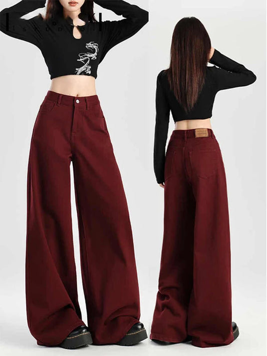 Women's Red Baggy Jeans Harajuku Denim Trousers Japanese 2000s Style Y2k Vintage Oversize High Waist Jean Pants Trashy Clothes