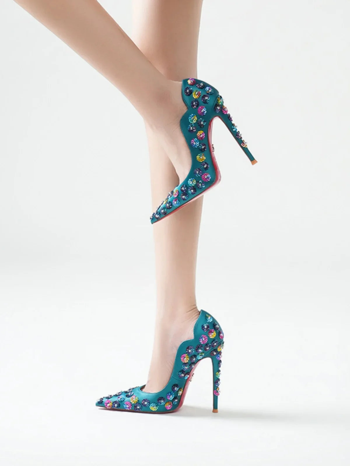 2025 Spring New High Heels Women's Embroidered Beaded Black Sexy Queen's Heel 10-12cm Pointed