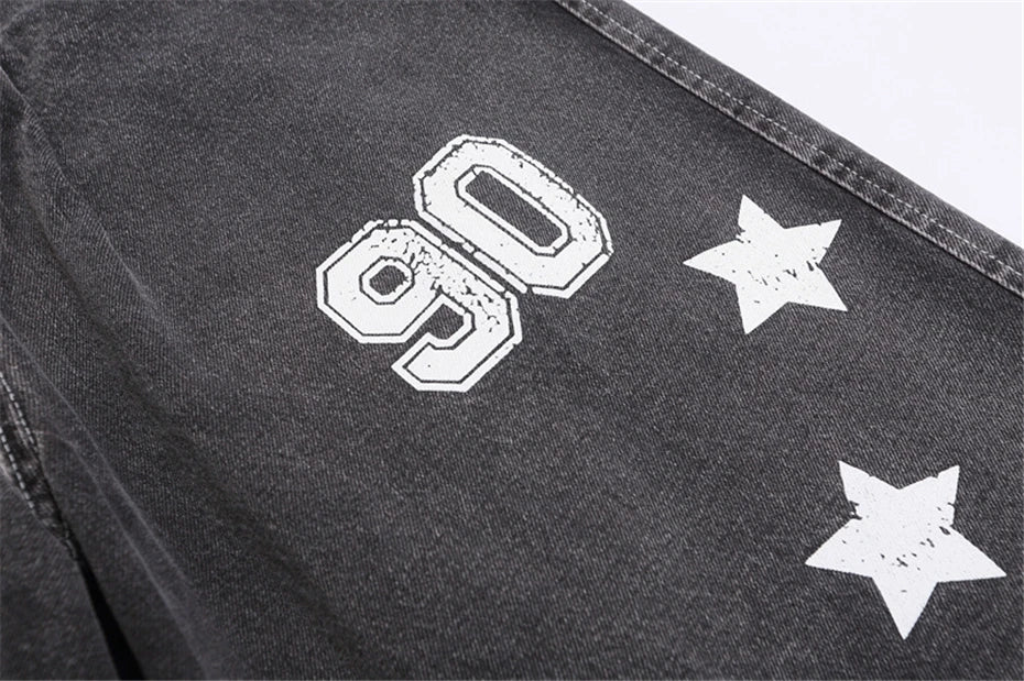 Vintage Stars Print Denim Shorts Mens Streetwear Hip Hop Punk Jeans Short Men Harajuku Baggy Cowboy Calf Length Pants Male